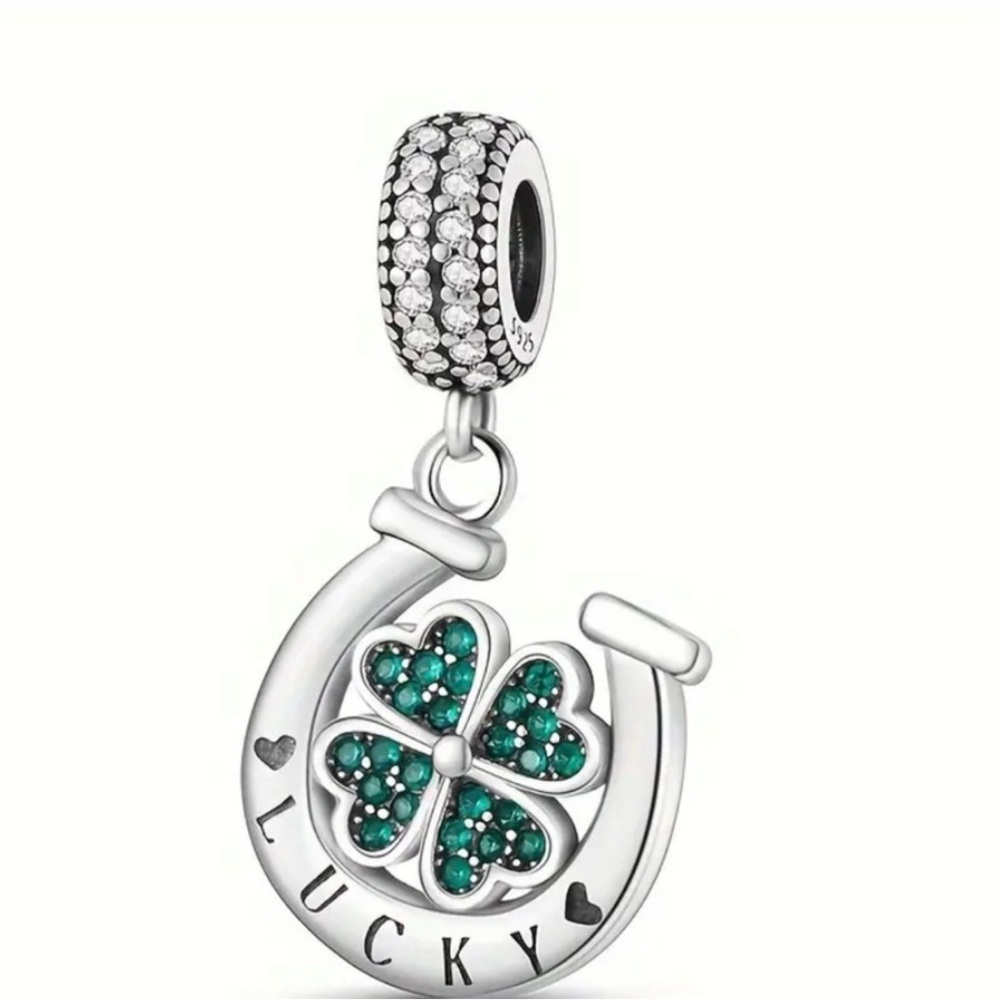 Sterling Silver Four Leaf Clover w/Green Gems “Lucky”Horseshoe Charm Pendant